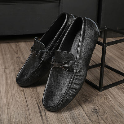 ZBJFSummer รองเท้า Doudou สำหรับผู้ชาย,รองเท้านุ่มหนังแท้พื้นรองเท้าลำลองไม่ลื่นขั้นตอนเดียวรองเท้าหนังอเนกประสงค์
