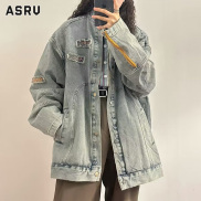 ASRV Unisex loose vintage patch washed distressed denim jacket Stand