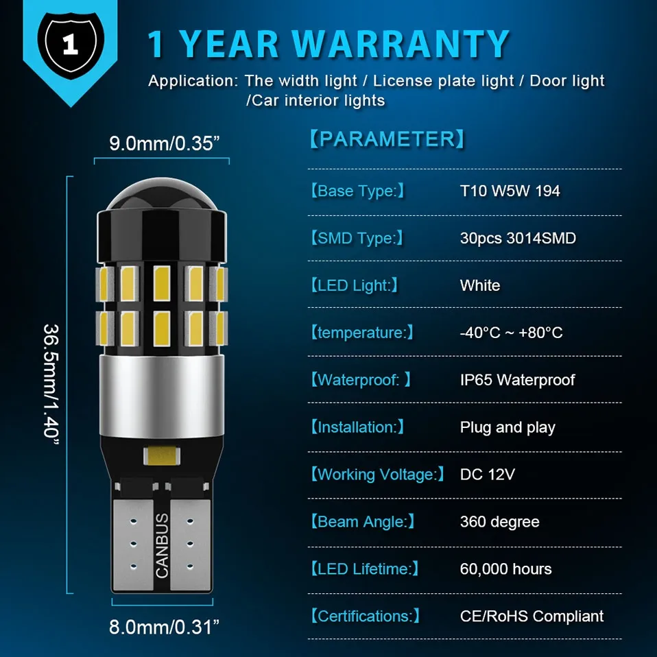 168 - 194 - W5W - T10 LED Bulb Origin 360 - 9 Leds Samsung - Canbus
