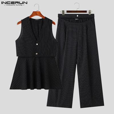 INCERUN เสื้อลายขวางลำลองสำหรับผู้ชาย,2ชิ้นแขนกุดมีรูระบายชุดสูททางการ (เสื้อผ้าลำลอง) #3
