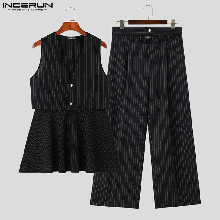 incerun-เสื้อลายขวางลำลองสำหรับผู้ชาย-2ชิ้นแขนกุดมีรูระบายชุดสูททางการ-เสื้อผ้าลำลอง-3