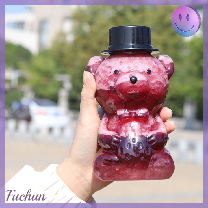 fuchun-ขวดการดื่มเครื่องดื่มใสทรงหมี500มล-สำหรับเครื่องดื่มเย็นขวดน้ำผลไม้ชานมชานมขวดมีหลอดใส่น้ำผึ้ง