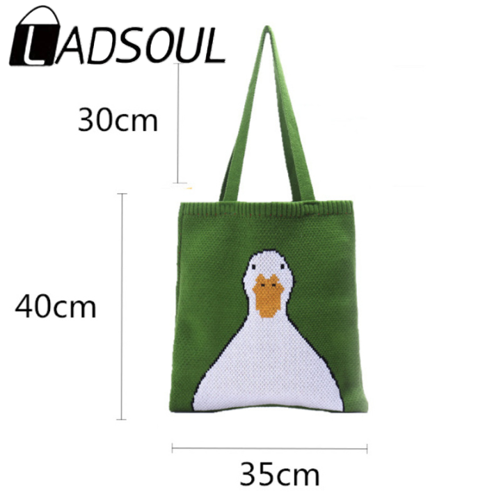 ladsoul-cute-cartoon-duck-top-handle-tote-bags-for-women-winter-vintage-retro-rural-anime-knitting-kawaii-stylish-green-handbags