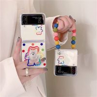 เคสโทรศัพท์ลายการ์ตูนน่ารักสำหรับ Samsung Galaxy Z Flip 4 3 5G ที่ยึดสายรัดข้อมือเคสมือถือแข็งแบบใสเคสมือถือสำหรับ Samsung Z พลิก1 2