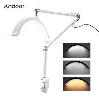 Andoer แฟลชวิดีโอ LED ตั้งโต๊ะแบบ HD-M3X,แบบเติมรูปดวงจันทร์ครึ่งดวงหรี่แสงได้3000K-6000K พร้อมที่หนีบตั้งโต๊ะไฟโลหะขาตั้งสำหรับแต่งหน้าความงามไฟข้างเตียงสตรีมสด