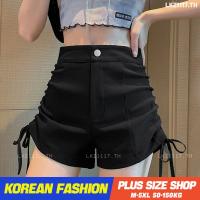 Plus size เสื้อผ้าสาวอวบ❤ กางเกงขาสั้นสาวอวบ ไซส์ใหญ่ ผู้หญิง biker shorts เอวสูง เชือกรูด สีดำ ฤดูร้อน สไตล์เกาหลีแฟชั่น V728