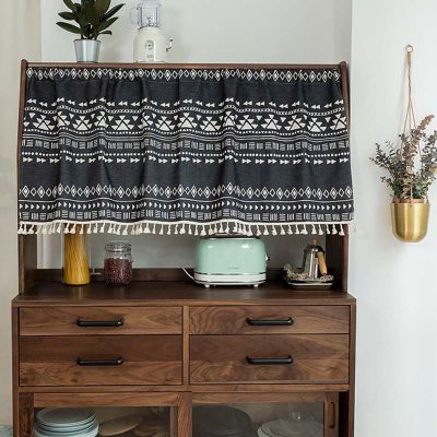 Short Curtain Cafe Kitchen Window Blackout Boho Geometric Drape Cotton &amp; Linen with Tassel White for Bathroom Cabinet 1pc TJ3775