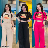 B18749 	Set 2 ชิ้น เสื้อครอปแขนสั้น สกรีนลายการ์ตูน + กางเกงขายาว Set of 2 pieces. Crop top with short sleeves. cartoon pattern screen + trousers