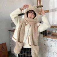 Cute Bear Ear Hat Scarf Gloves Set Winter Women Novelty Caps Warm Casual Plush Hats Casual Solid Fleece Girl Kawaii Accessories