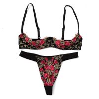 Sexy Underwire Push Up Bra Panty Underwear French Romantic Seduction Ultra-thin Embroidered Half Cup Bra Crotchless Panties Sets