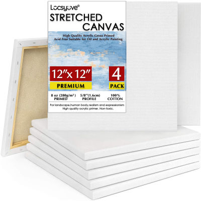 Locsyuve Stretched Canvases for Painting, Pack of 4, 12 x 12 Inches, Square Blank Canvases, 100 Cotton, 8 oz Gesso-Primed