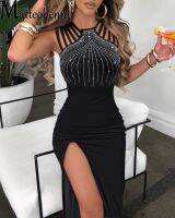 Elegant Diamond Decoration Sling Neck Dresses Ladies Evening Party Nightclub Split Wrap Hip Dressy Sleeveless Women 39;s Clothing