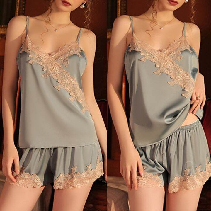 women-contrast-floral-lace-trim-v-neck-camisole-and-shorts-set-satin-nightwear