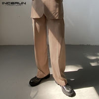 INCERUN กางเกงเอวสูงทรงแข็งผู้ชาย,กางเกงขายาวตรงหลวมสวมใส่สบายอเนกประสงค์ (สไตล์เกาหลี)