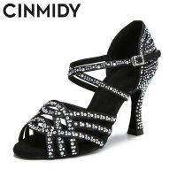 CINMIDY Rhinestone รองเท้าเต้นรำแบบละตินสำหรับผู้หญิงรองเท้าเต้นรำบอลรูม Tango Salsa รองเท้าฝึกอบรมรองเท้าแตะของผู้หญิงส้นคิวบา