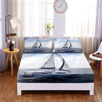 Sailboat Digital Printed 3pc Polyester Fitted Sheet Mattress Cover Four Corners with Elastic Band Bed Sheet Pillowcases