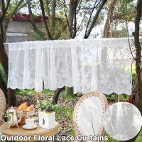 【YD】 Floral Short Curtains for Room Tulle Sheer Valance Rod Outdoor Door Window Drapes Half Panels