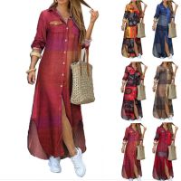 HOT★Dress Women Summer single-breasted pocket printing lapel long-sleeved hot style Dresses Casual Vestidos YRW6886