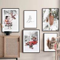 ฤดูหนาว Snow Scenery Wall Art ภาพวาดผ้าใบ Pine Elk โปสเตอร์และพิมพ์สำหรับคริสต์มาสตกแต่งบ้านภายใน Room Design