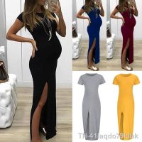 ◐ Vestido corpinho maxi para grávidas vestidos de maternidade manga curta fenda lateral banho bebê roupas pré-mama monocromáticas verão 2023