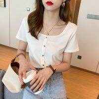 French Square Neck Short-Sleeved T-Shirt Women Summer New Style Vintage Short High Waist Slim-Fit Clavic