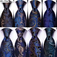 ✢▦﹍ Hi-Tie Navy Blue Solid Paisley Silk Wedding Tie For Men Hanky Cufflinks Mens Necktie Set Business Party New Design Dropshipping