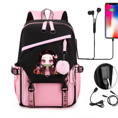 Girls Anime Demon Slayer Backpack USB Charge Teenager Travel Casual Nezuko Figures School Bags Notebook Backpack Gift Children