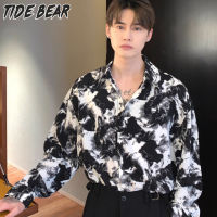 TIDE BEAR เสื้อเชิ้ตชาย แขนยาวเสื้อเชิ้ตง่ายและอเนกประสงค์พิมพ์ลายอารมณ์เสื้อเชิ้ตแขนยาวคอปกลำลองทรงหลวม