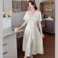 【 WYIN kitchen】 Fdfklak 【 WYIN kitchen】Temperament Silk Satin Sleepwear Women Casual V Neck Nightgowns Short Sleeve Lace Nightdress Palace Long Dress