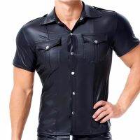 Men PU Leather T-shirt Tie Turn-down Collar Button Short Sleeve Tee Shirts Sexy Chemise Latex Clubwear Tops Streetwear Plus Size