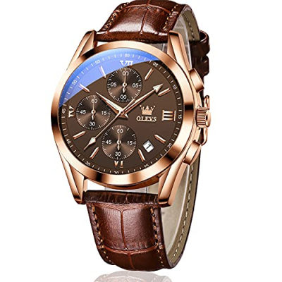 OLEVS Mens Chronograph Quartz Watches, Leather Strap Gold Case with Day Date, Waterproof Stainless Steel Wrist Watch, Luminous Hand Analog Watches for Men, Brown/Black/Blue/White Dial leather strap coffee color dial