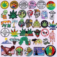Cartoon Green Leaves Applique Embroidered Patches For Clothing Stickers Alien Patch Iron On Patches On Clothes Badges DIY
