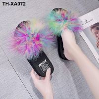 2020 summer ins wear ostrich hair slippers plush thick bottom flip flops wedge beach slippers women