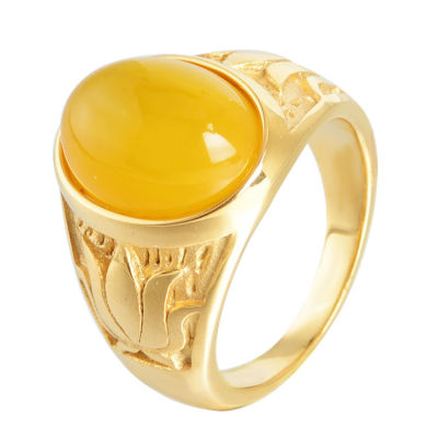 แหวนแฟชั่นชายหญิงย้อนยุคแหวนเหล็กไทเทเนียมพลอยคาลซิโดนีเครื่องประดับแฟชั่นต้อนรับตัวอย่าง