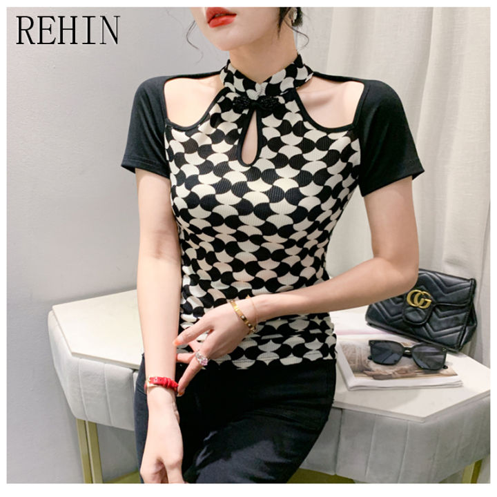 rehin-เสื้อยืดสไตล์วินเทจทรงสลิมฟิตคอวีสำหรับผู้หญิง-เสื้อยืดแขนสั้นพร้อมหัวเข็มขัดลูกปัดแบบประกบและกลวงดีไซน์