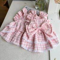 Pink White Plaid Tiered Skirt Dog Clothes Bow Lacework Flutter Sleeve Dress Small Dogs Clothing Cat Summer Kawaii Pet Products Dresses