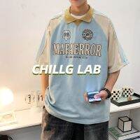 ◈✤✤ 2052 CHILLG LAB เสื้อโปโลหล่อ Raglan หนังกลับแขนสั้นชายและหญิง 2023 ใหม่สีตัดกันเย็บคู่ครึ่งท่อนบน