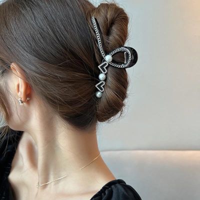South Korea Flocking Chain Pearl Diamond Love Hairpin Advanced Feeling Back Head Plate Shark Clip Grab Hair Accessories Female