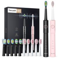 ❇✻✠ Fairywill Sonic Electric Toothbrush E11 Waterproof USB Charge With 8 Brush Replacement Heads Black and Pink Set for Couple