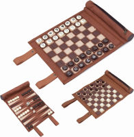 Woodronic 3 in 1 Backgammon Chess Checkers Set, Roll Up Travel Game Set for Adults and Kids, Brown, 9.3 x 8.3