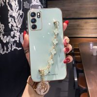 COROGI เคสสำหรับ OPPO Reno6 4G / Reno6 5G / Reno6 Pro 5G / Reno6 Z 5G เคสพร้อมสายรัดข้อมือลายดอกโคลเวอร์นำโชคสร้อยข้อมือหรูหราเคลือบ6D เคสมือถือขอบสี่เหลี่ยมกันชนฝาหลังแบบนิ่ม