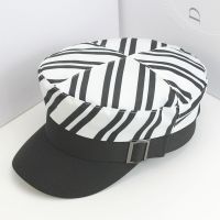 【Hot Sale】 British black and white striped foreig n style hat summer flat cap thin section all-match peaked fashion stitching octag onal women