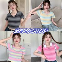 Zero shop?พร้อมส่ง? (Zero-80088) เสื้อไหมพรมแขนสั้น ลายทางสีพาสเทล -C