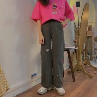 COD DSGERTRYTYIIO Smoke Grey Jeans Womens High Waist Design Sense of Minority Embroidery Straight Tube Loose Wide Leg Pants