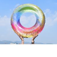 Rainbow Gradient Inflatable Swimming Ring Glitter Sequins Pool Floats Water Circle Summer Beach Party Toys for Adult Children