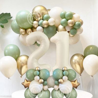 1set Creamy Number Balloon Tower Avocado Green Balloons Set For Adult 30 40 50 Birthday Party Decoration Kids Birthday Supplies Balloons