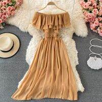 Korejepo Bali Holiday Beach Dresses Slim Big Swing Long Dress เซ็กซี่ปิดไหล่ Slim ไหล่ Leaf Edge ชีฟอง Clothes