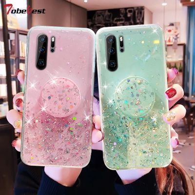 「Enjoy electronic」 Bling Glitter Silver Foil Phone holder Case For Huawei P40 P30 P20 Pro P10 P9 P8 Lite 2017 Transparent Soft Silicone Stand Cover