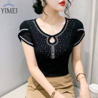 ➧YIMEI เสื้อยืดผู้หญิงจากกวางโจวสวยๆ2023สัมผัสดีไซน์ใหม่ฤดูร้อนเสื้อสตรีแขนสั้นเกาหลีเพชรร้อนแรงเสื้อยืดผ้าตาข่ายแฟชั่นสองชั้นผู้หญิง