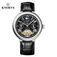 ⌚KNORVS นาฬิกาข้อมือผู้ชายหรูสองเขตเวลานาฬิกาข้อมือกลไกแฟชั่นดวงจันทร์เฟสผู้ชายนาฬิกาข้อมือธุรกิจอัตโนมัติกันน้ำ